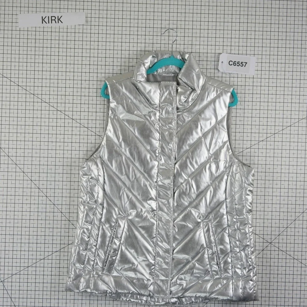 T by Talbots Puffer Vest Women's Size XL Silver Metallic Chevron Quilted - Picture 7 of 7
